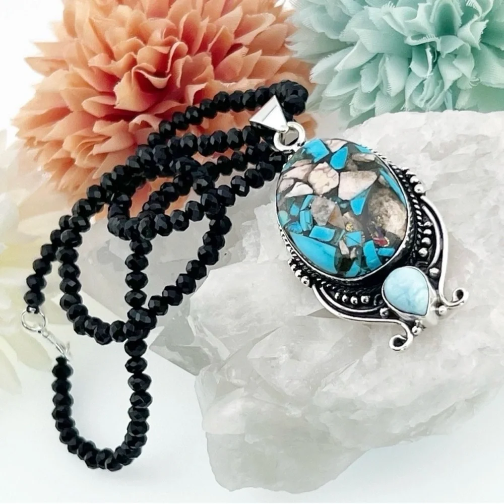 Solid 925 Set Blue Jasper Pink Opal Larimar Pendant Spinel Necklace Earrings - Picture 7 of 8